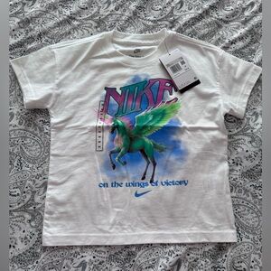 Nike Kids White Tee with Colorful Pegasus Design